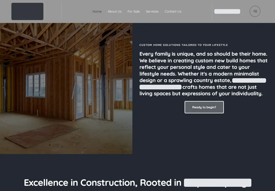 The about page: a house frame under construction and a short story